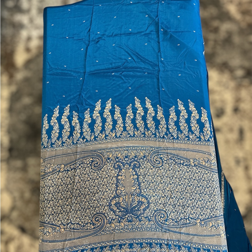 Elegant Blue Saree with Intricate Silver Borders